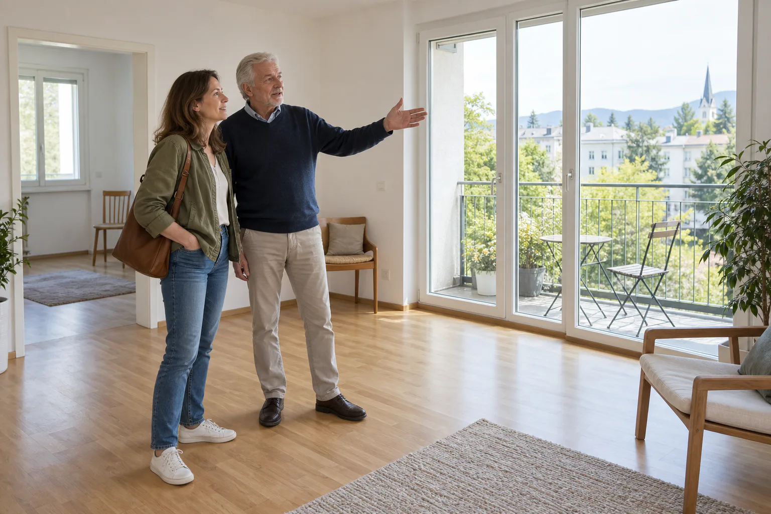 Älterer Mann und erwachsene Tochter betrachten eine helle Wohnung mit Balkon
